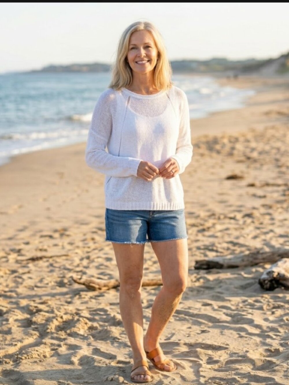 J Jill White Linen Sweater L Coastal Boho Cruise Resort Beach Cover Up Lagenlook